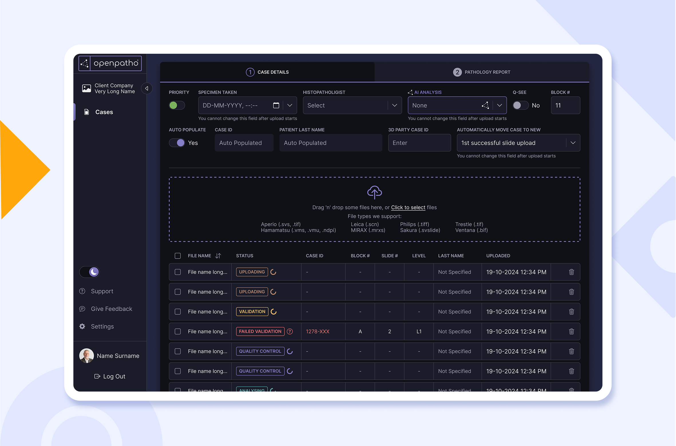 OpenPatho healthcare dashboard with patient case workflow and AI-assisted pathology review