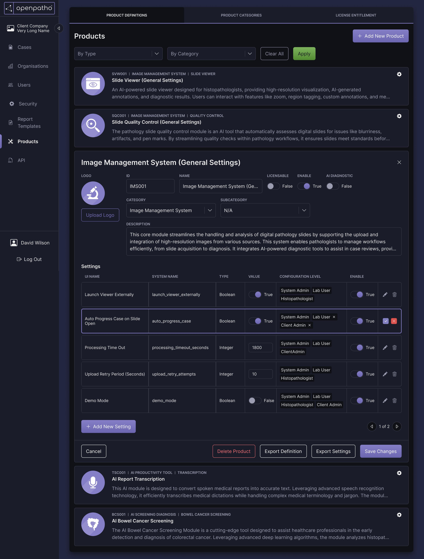Openpatho product definitions and settings