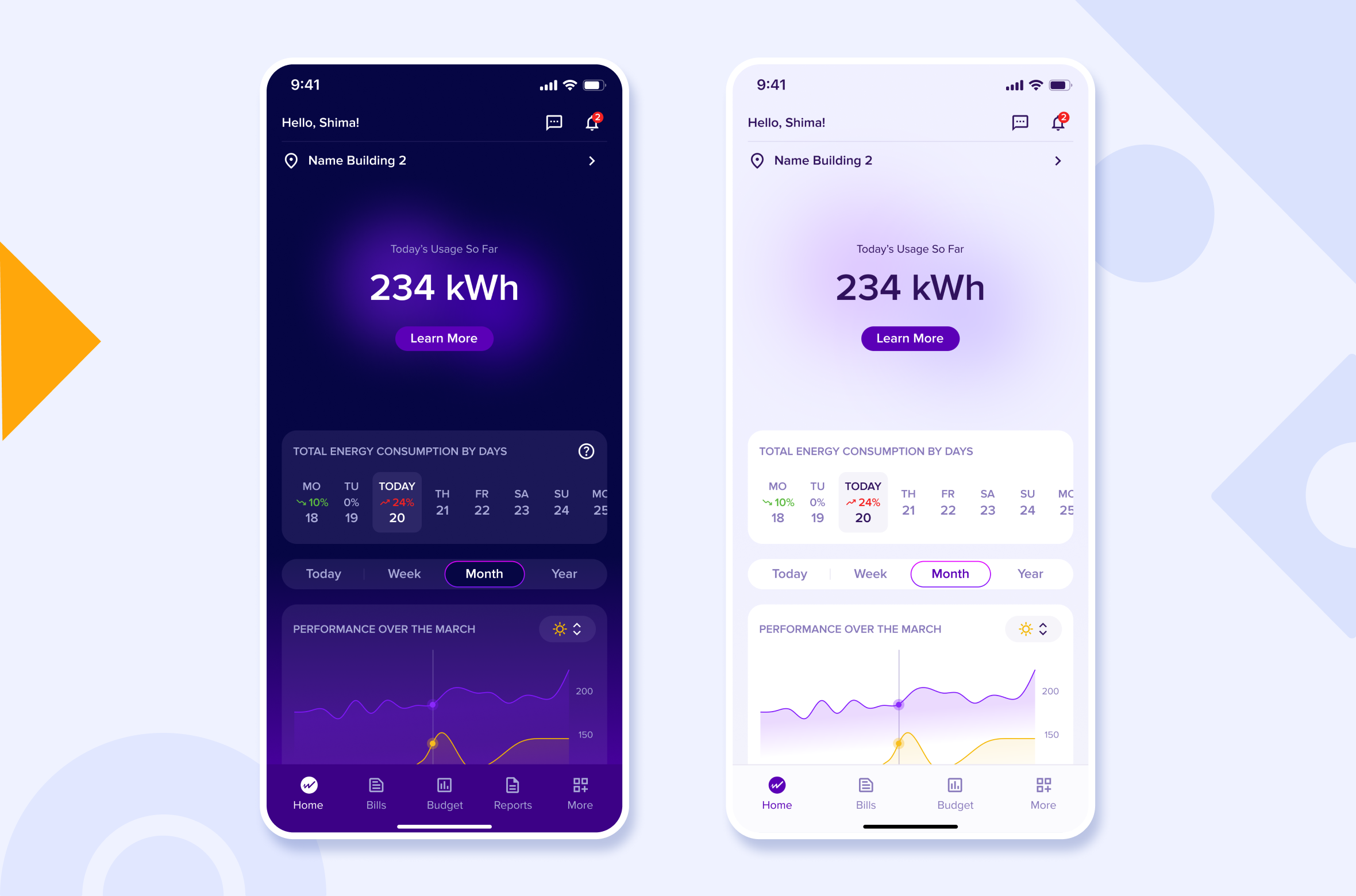 Watt Footprint mobile dashboard in dark and light themes