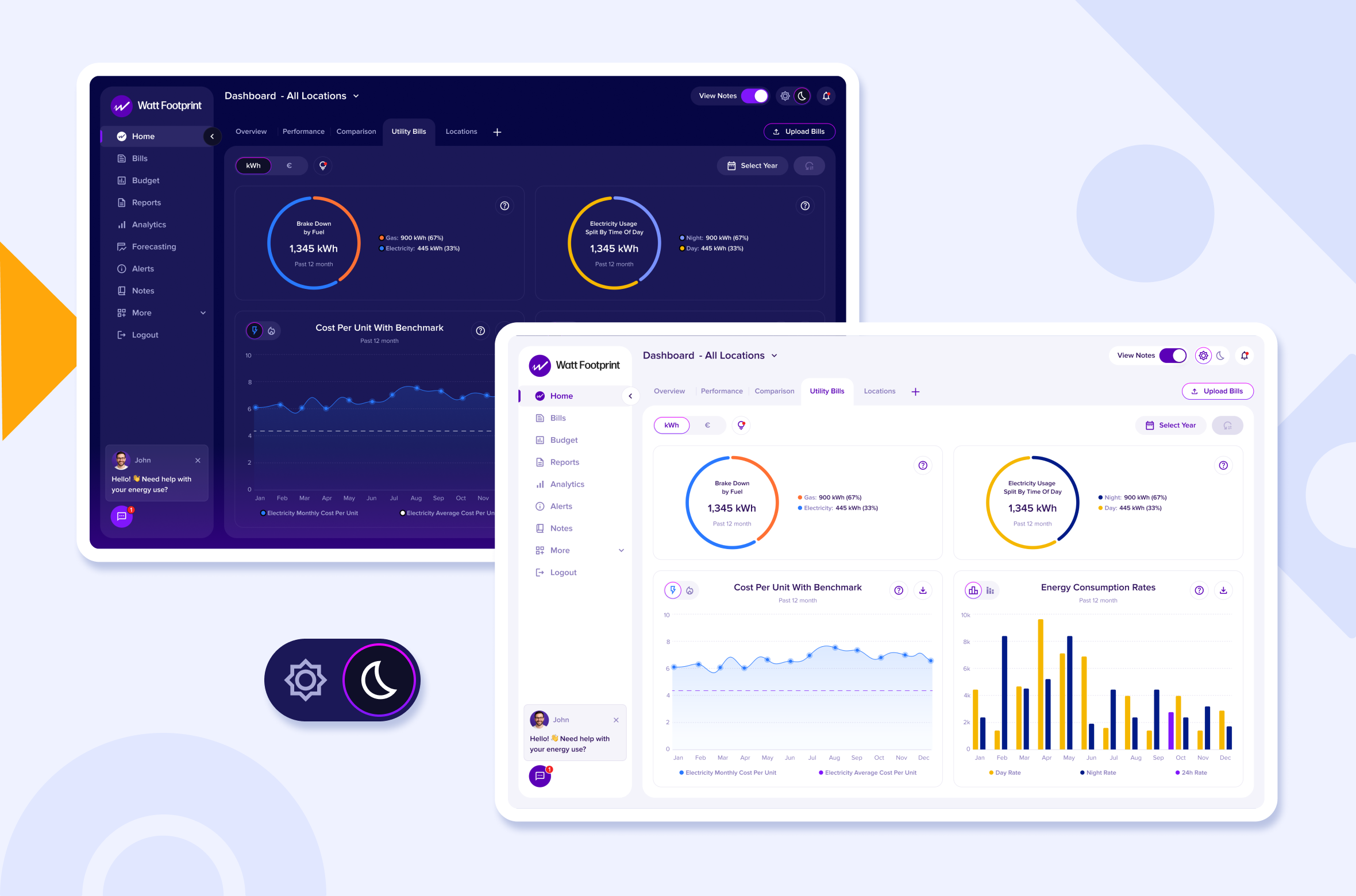 Watt Footprint utility analytics in light and dark themes