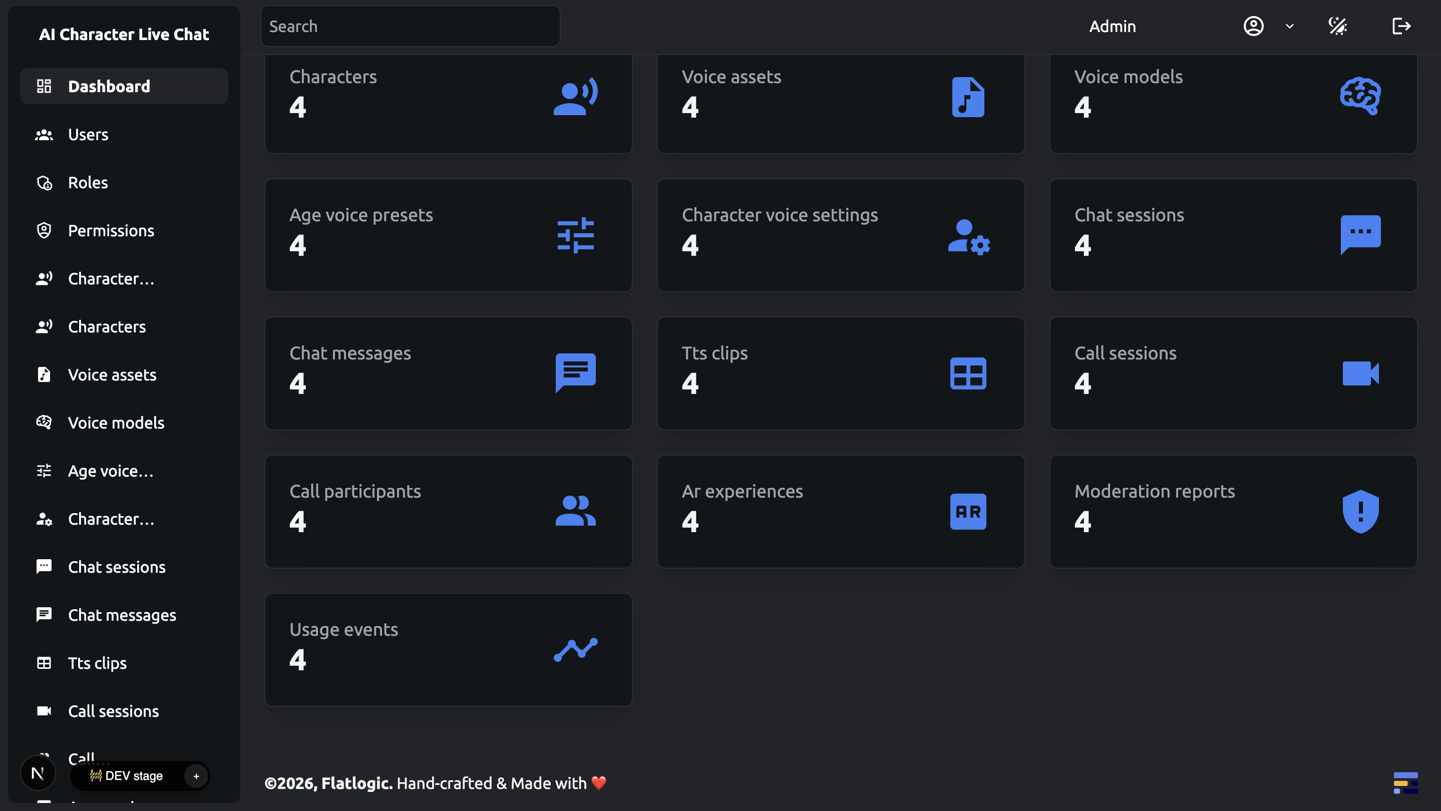 Dark media app metrics dashboard with voice assets, sessions, clips, and usage cards