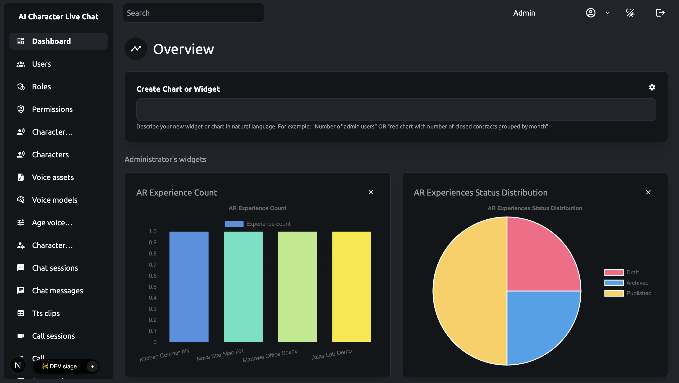 Media streaming app admin dashboard with media assets, roles, calls, and usage charts
