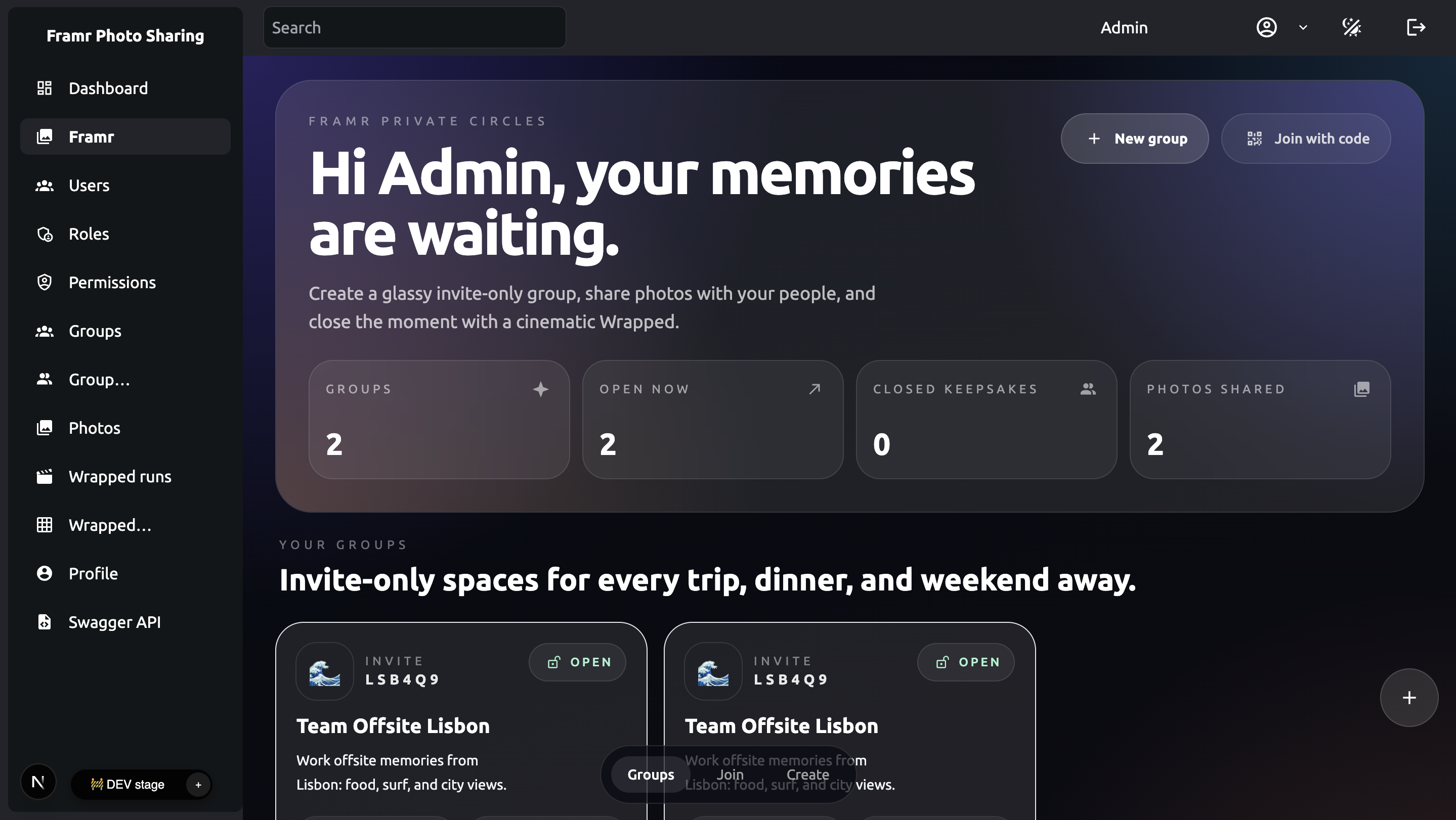 Dark media library dashboard with groups, media records, permissions, and admin controls
