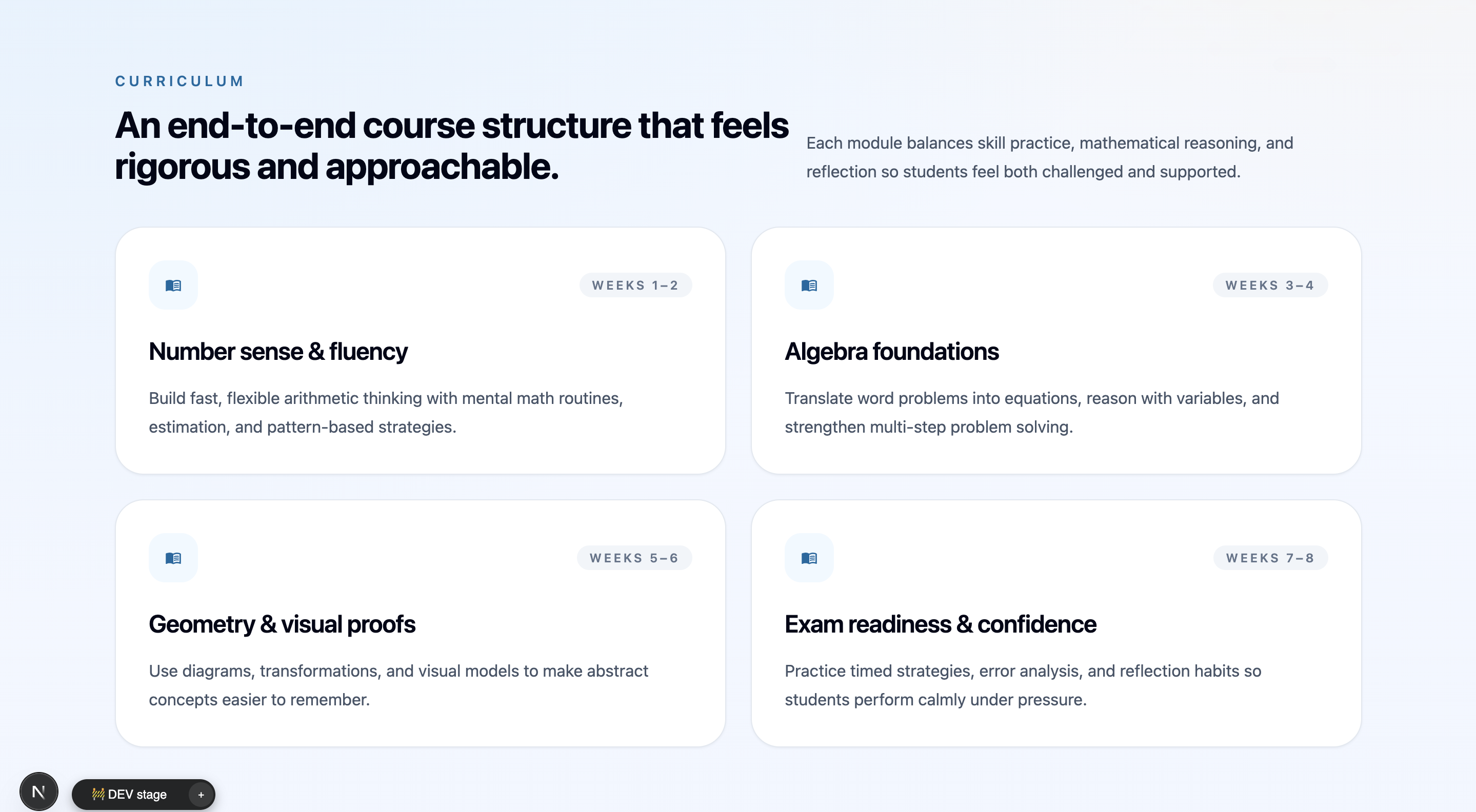Education app curriculum builder with course modules and lesson sections