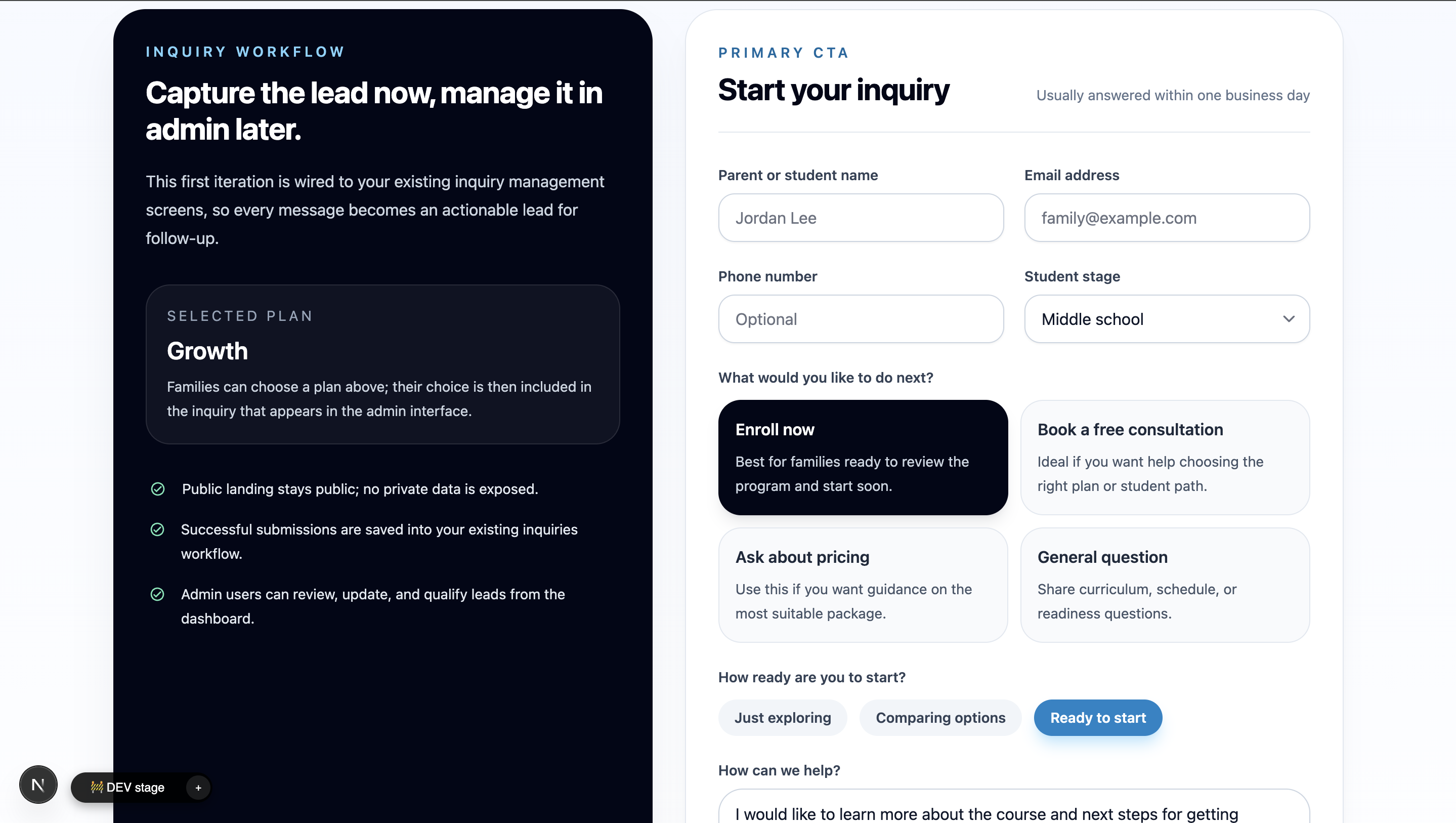 Education app inquiry form and learner plan workflow