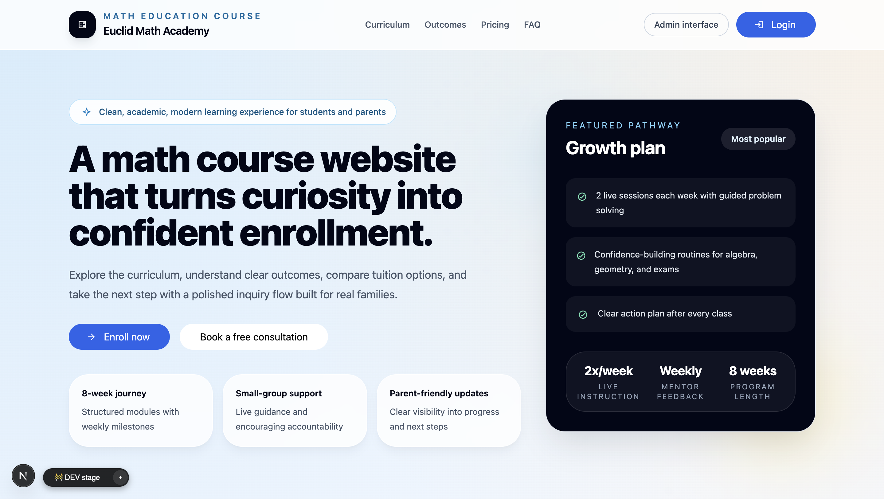 Education app landing page with curriculum navigation and enrollment call to action