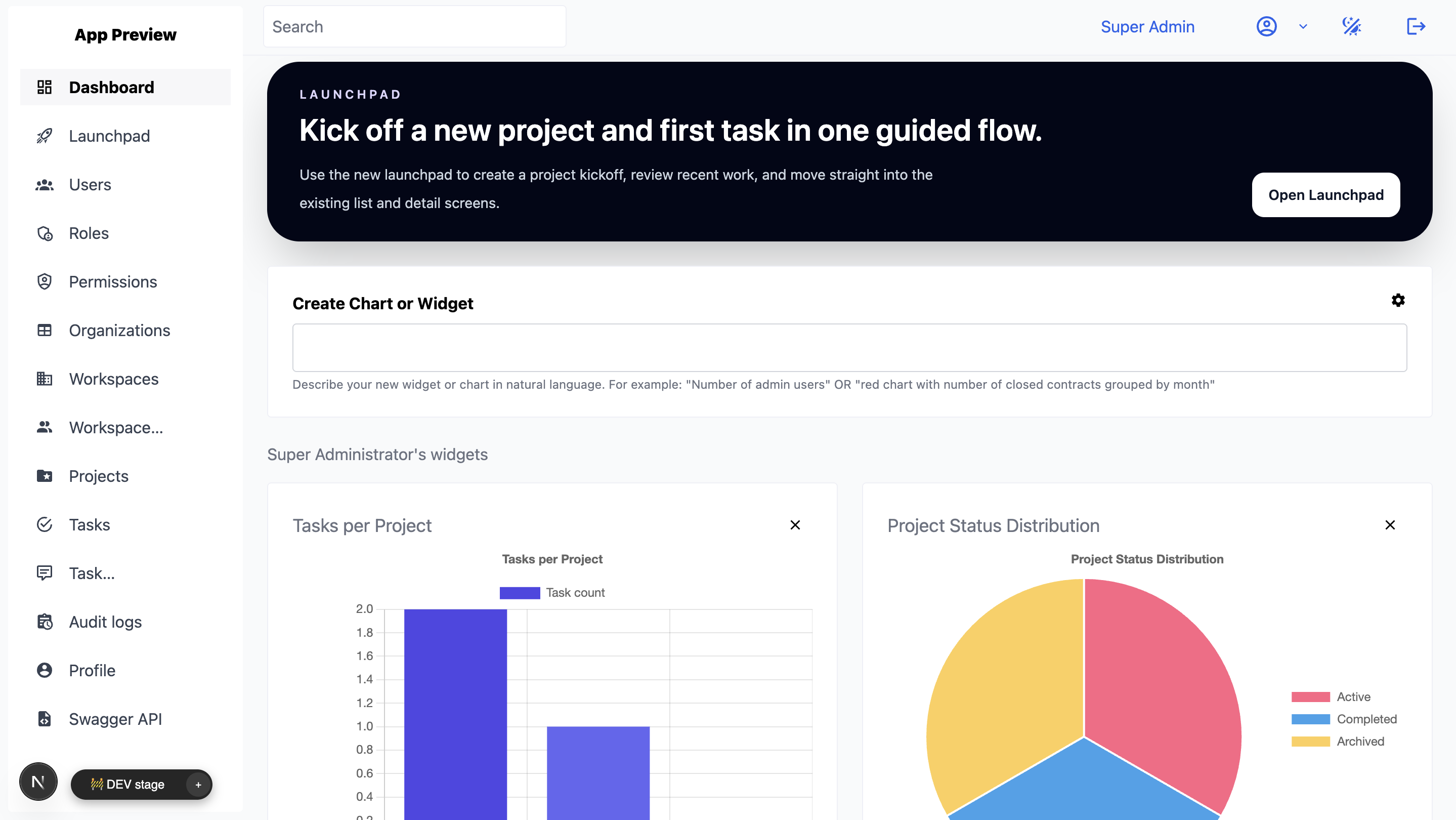 Admin panel controls and admin widgets preview
