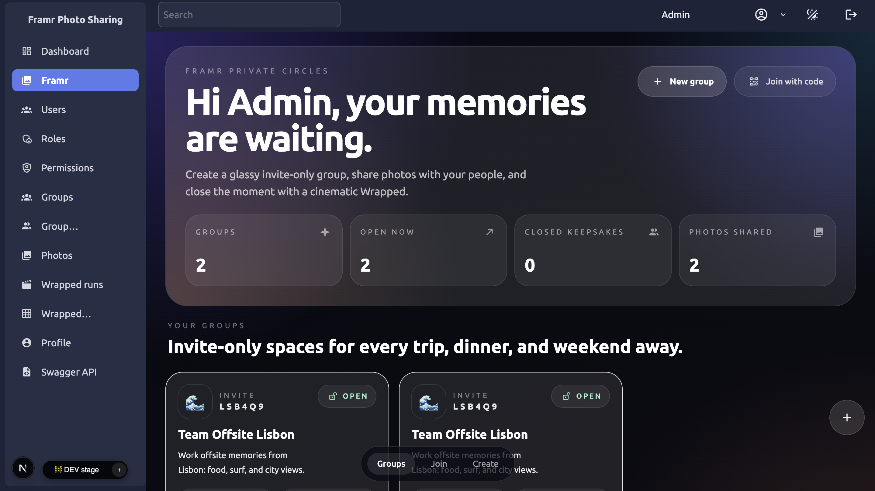 Generated private community dashboard with groups, members, roles, permissions, photos, and API controls