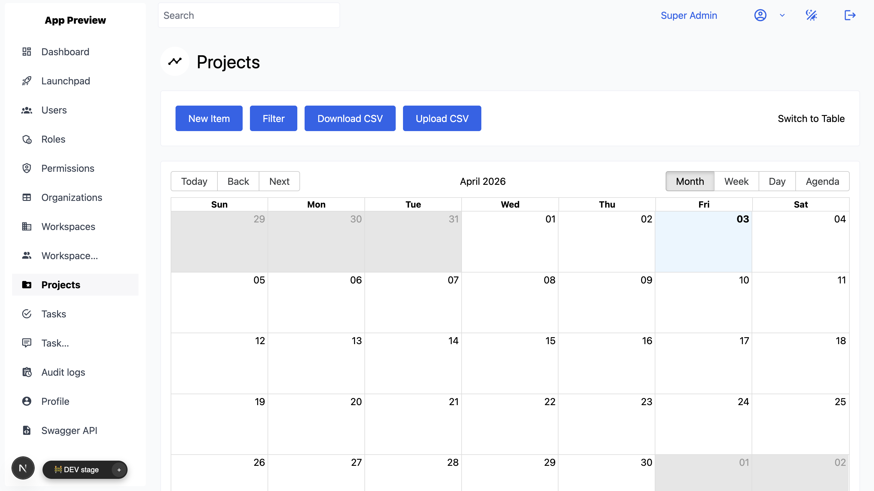 Admin calendar workspace for appointment scheduling software