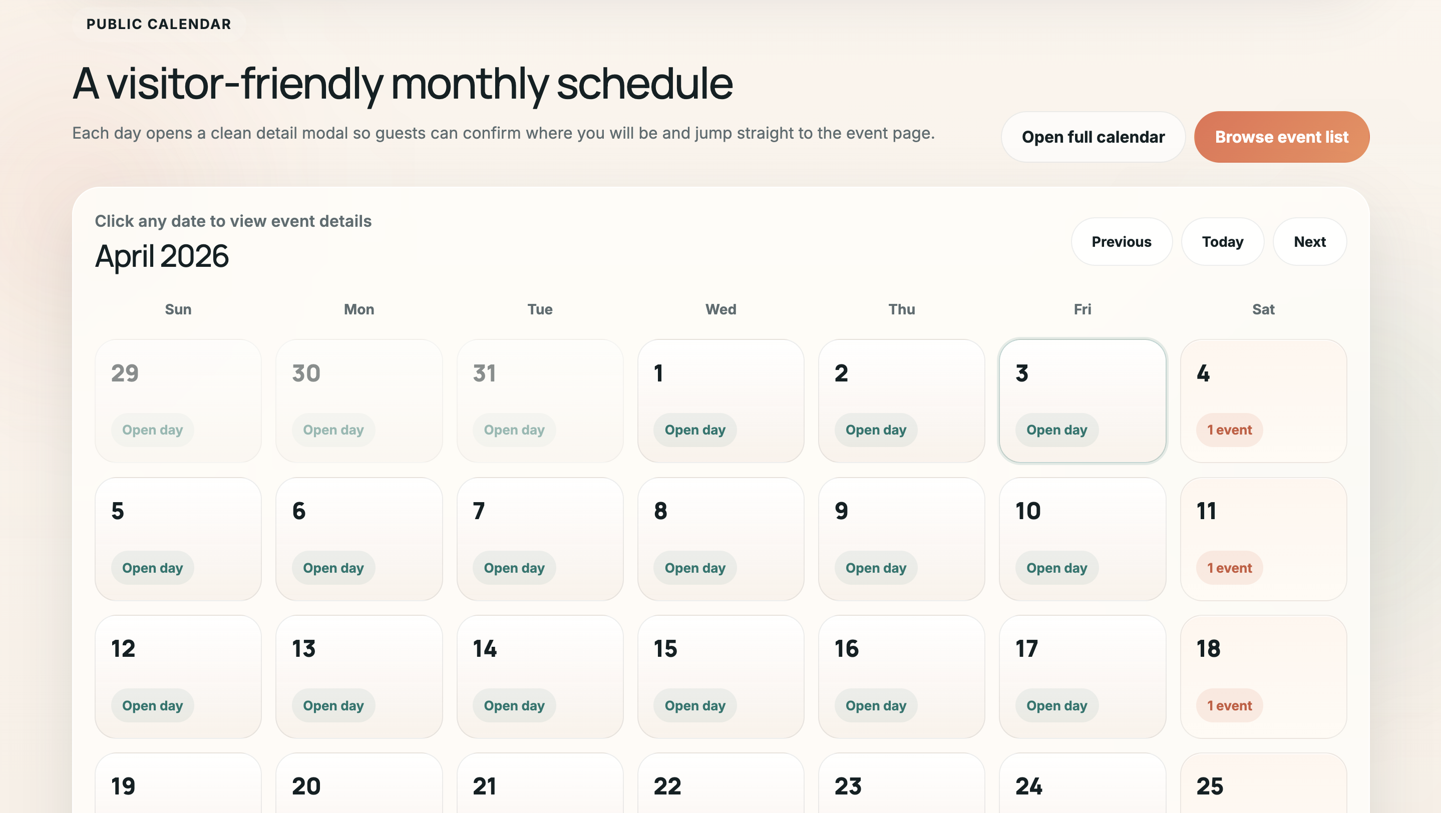 Public appointment booking calendar with scheduled availability