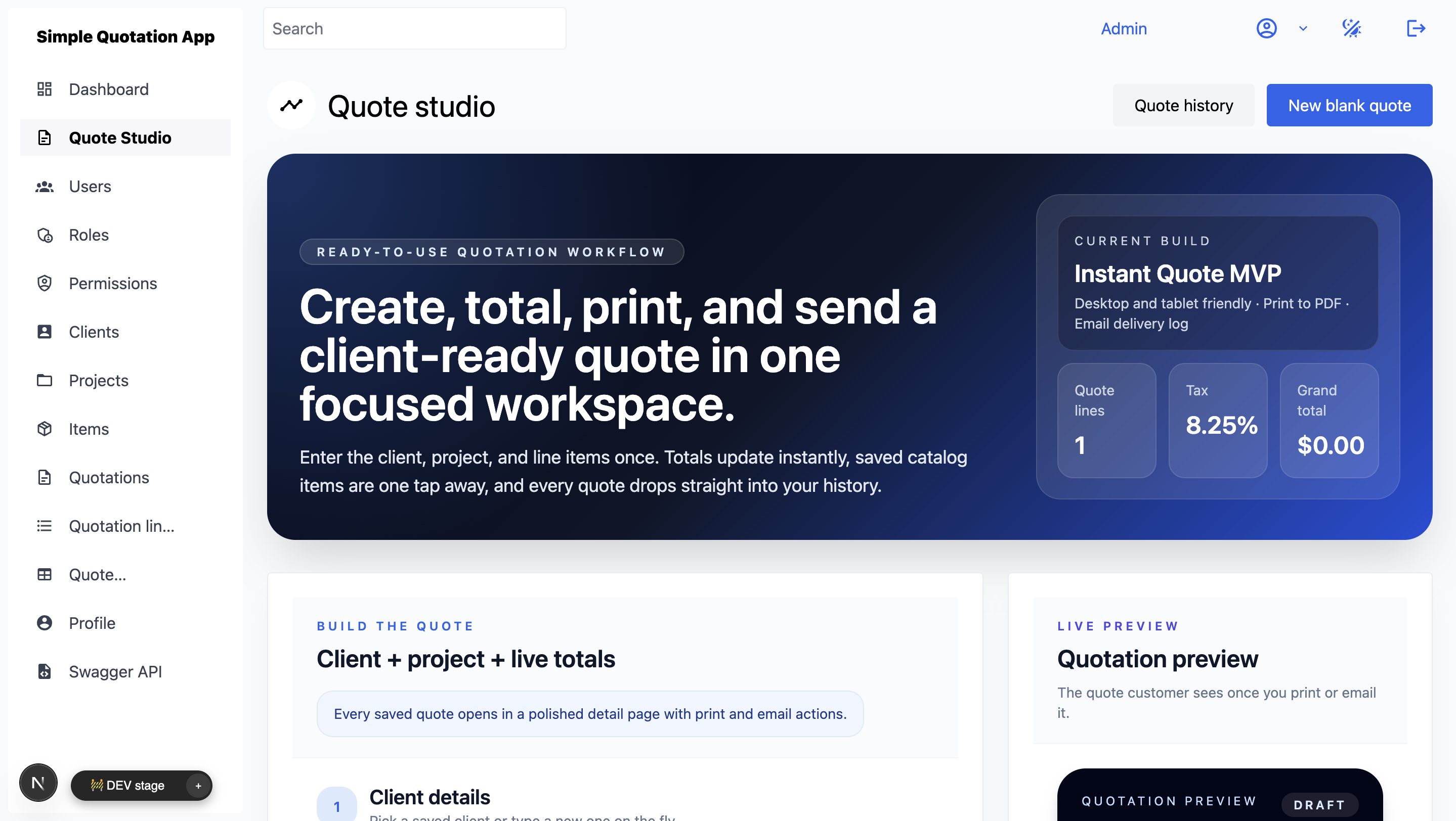 Accounting workspace with quote and invoice status cards