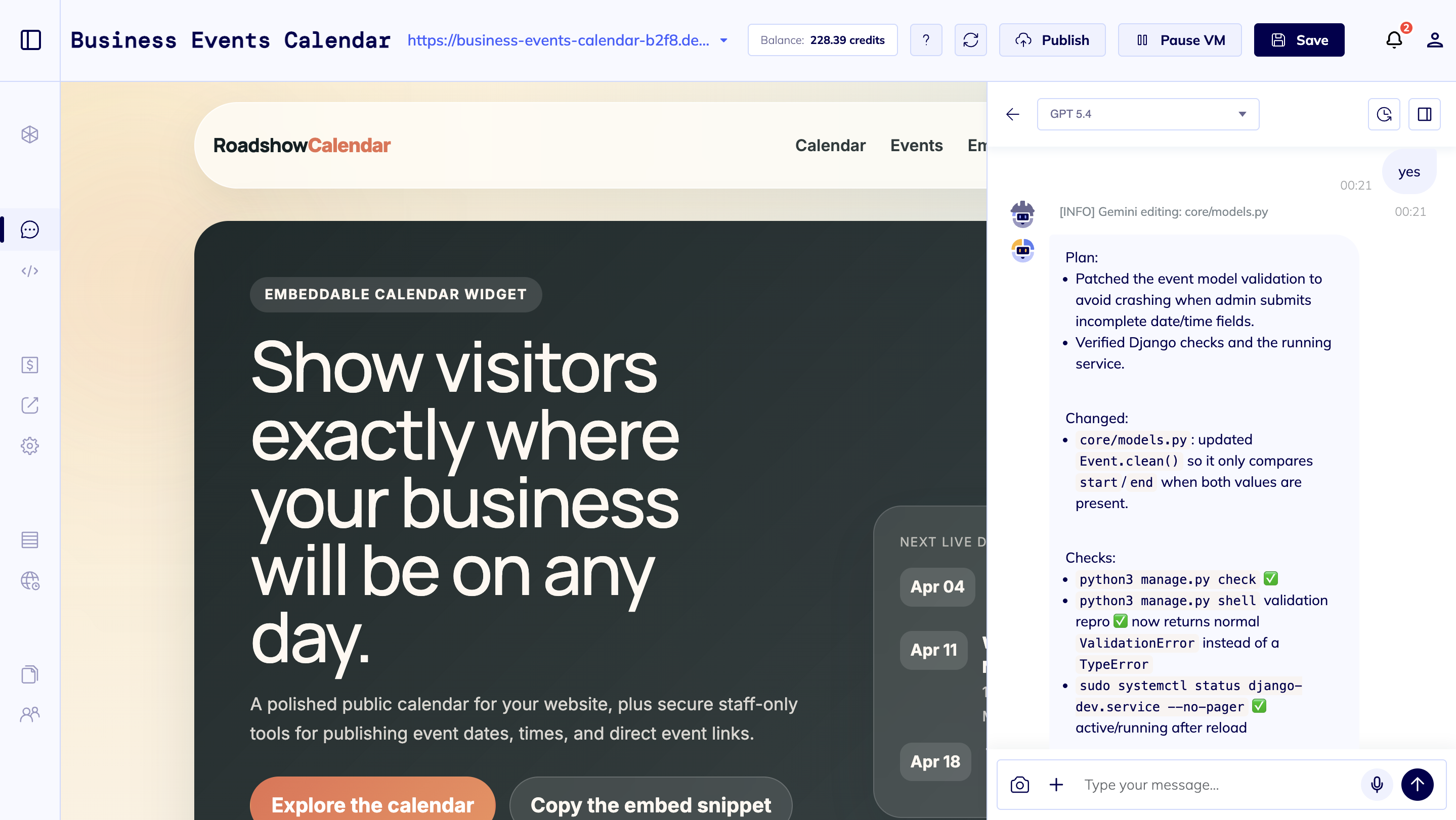 Event app builder workspace editing a public event calendar with AI assistance