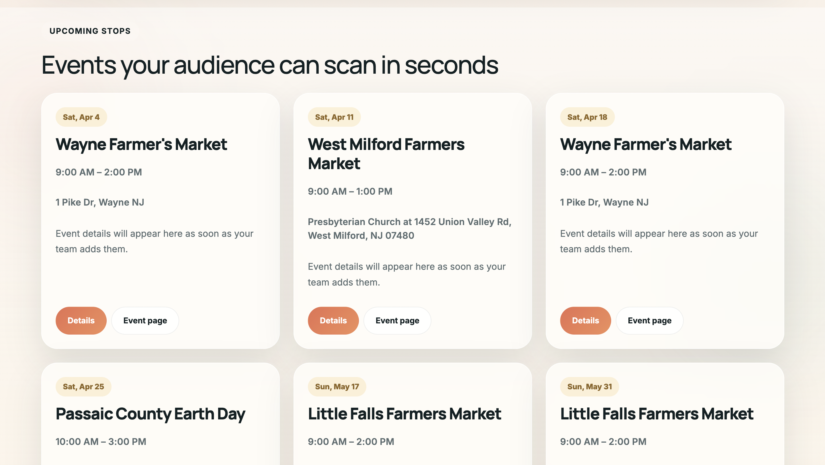 Event app builder preview showing a public event calendar and event cards