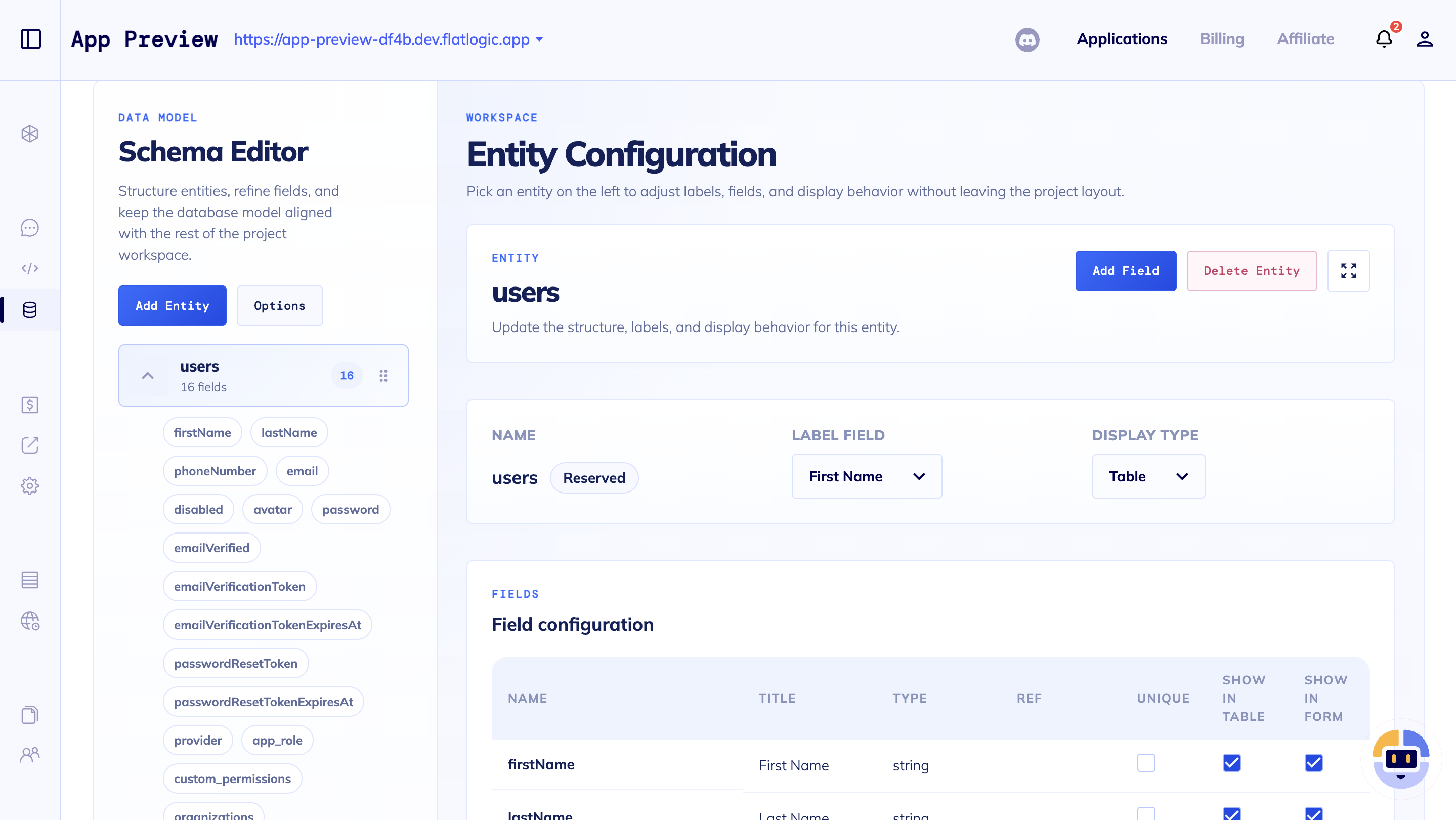 Schema editor for configuring an internal tool data model