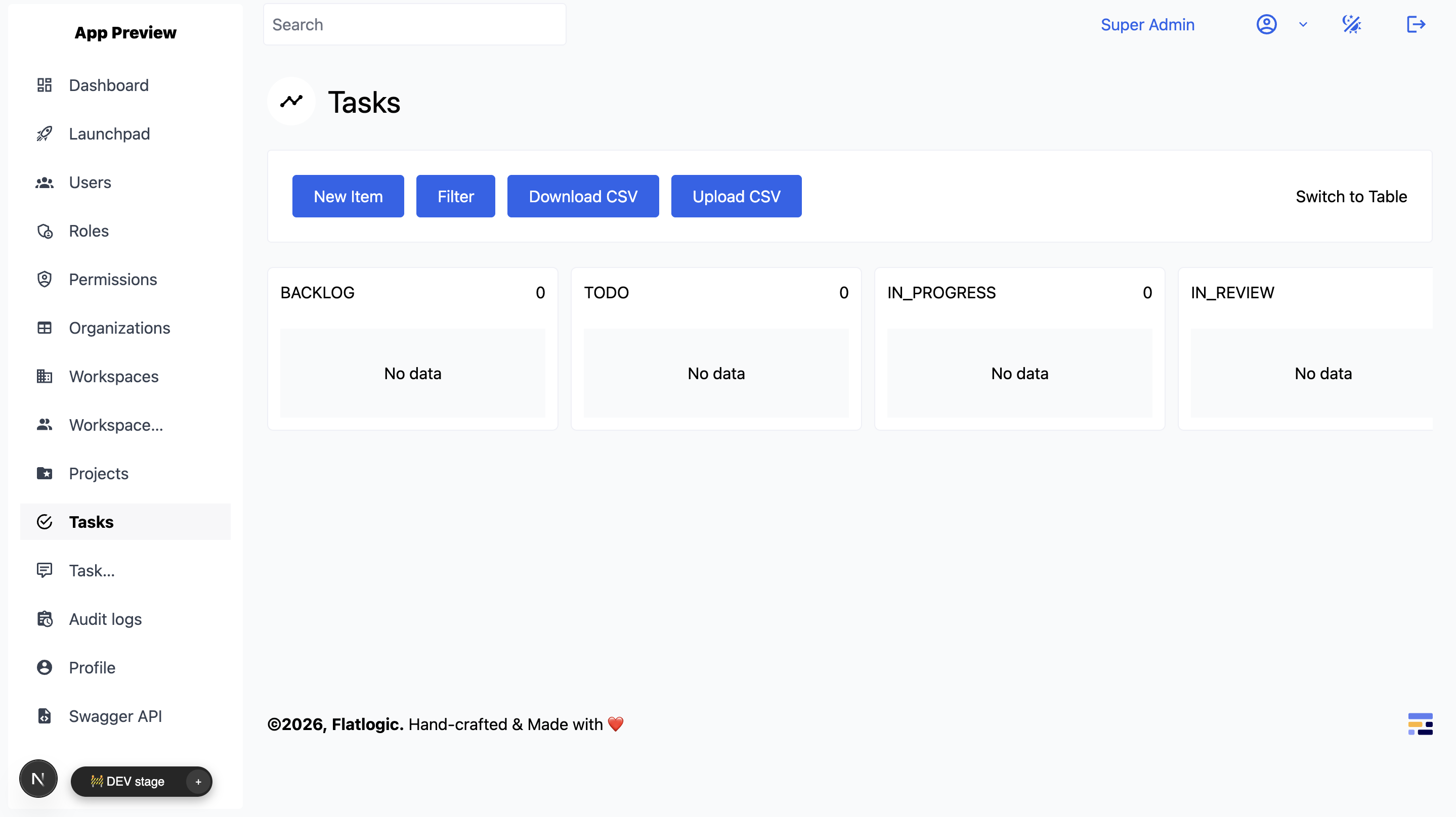 Task management board with project workflow columns