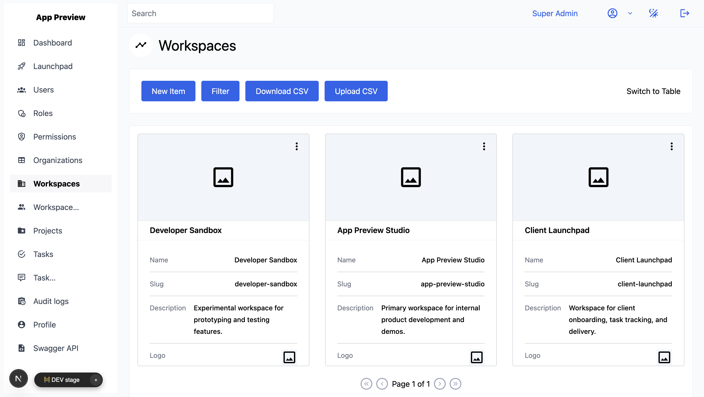 Directory administration workspace with listing cards, filters, roles, and audit logs