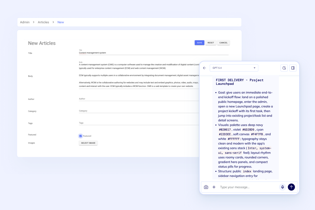 Website content editor with AI chat and CMS controls