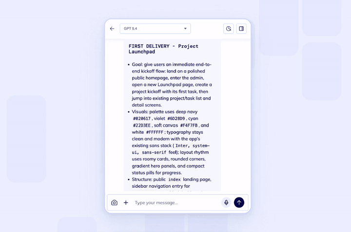 Prompt interface flowing into a generated dashboard preview