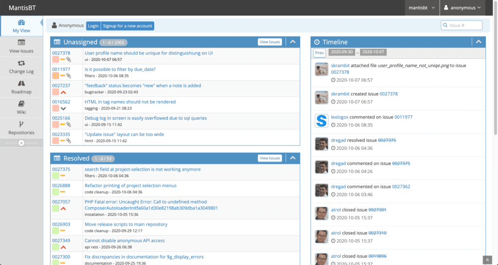MantisBT bug tracking tool